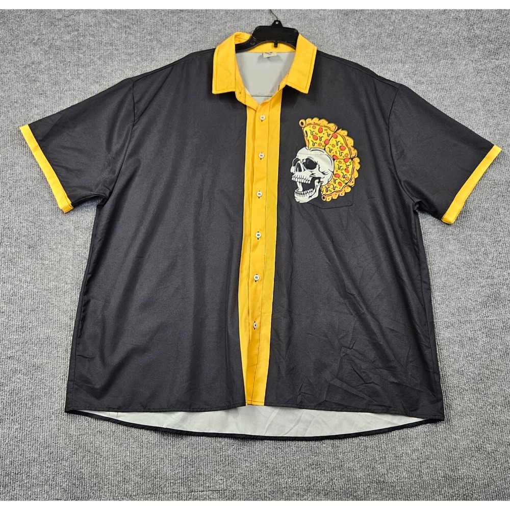 Hardaddy Men 3XL Pizza Skull Mohawk Button Up Shirt Black Yellow Short Sleeve
